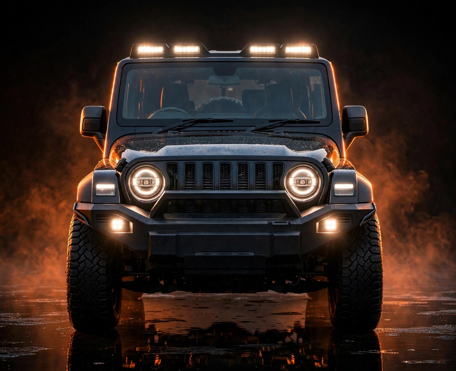 Creator supplied front view photograph of a black Thar-style off-road vehicle with amber lights